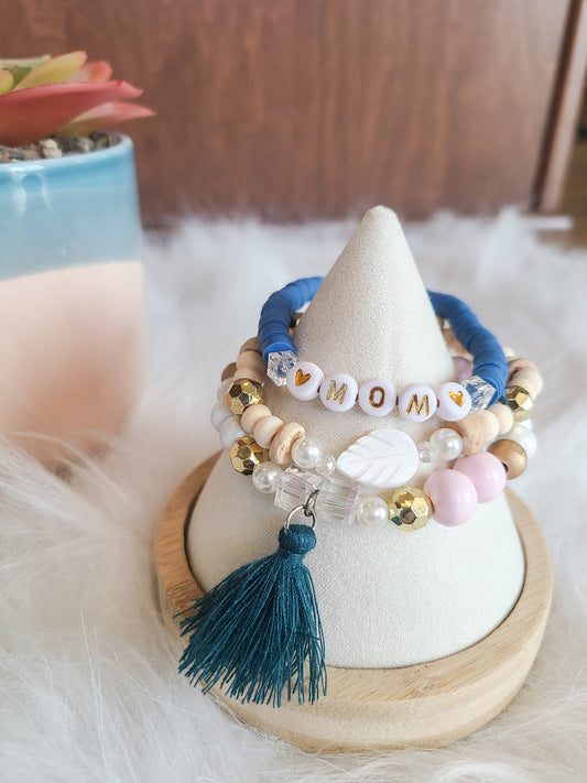 Blue Tassel Beaded Mom Bracelet Gift Set