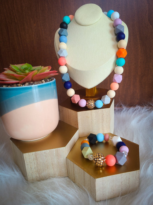 Sparkling Silicone Bead Bracelet and Necklace Set