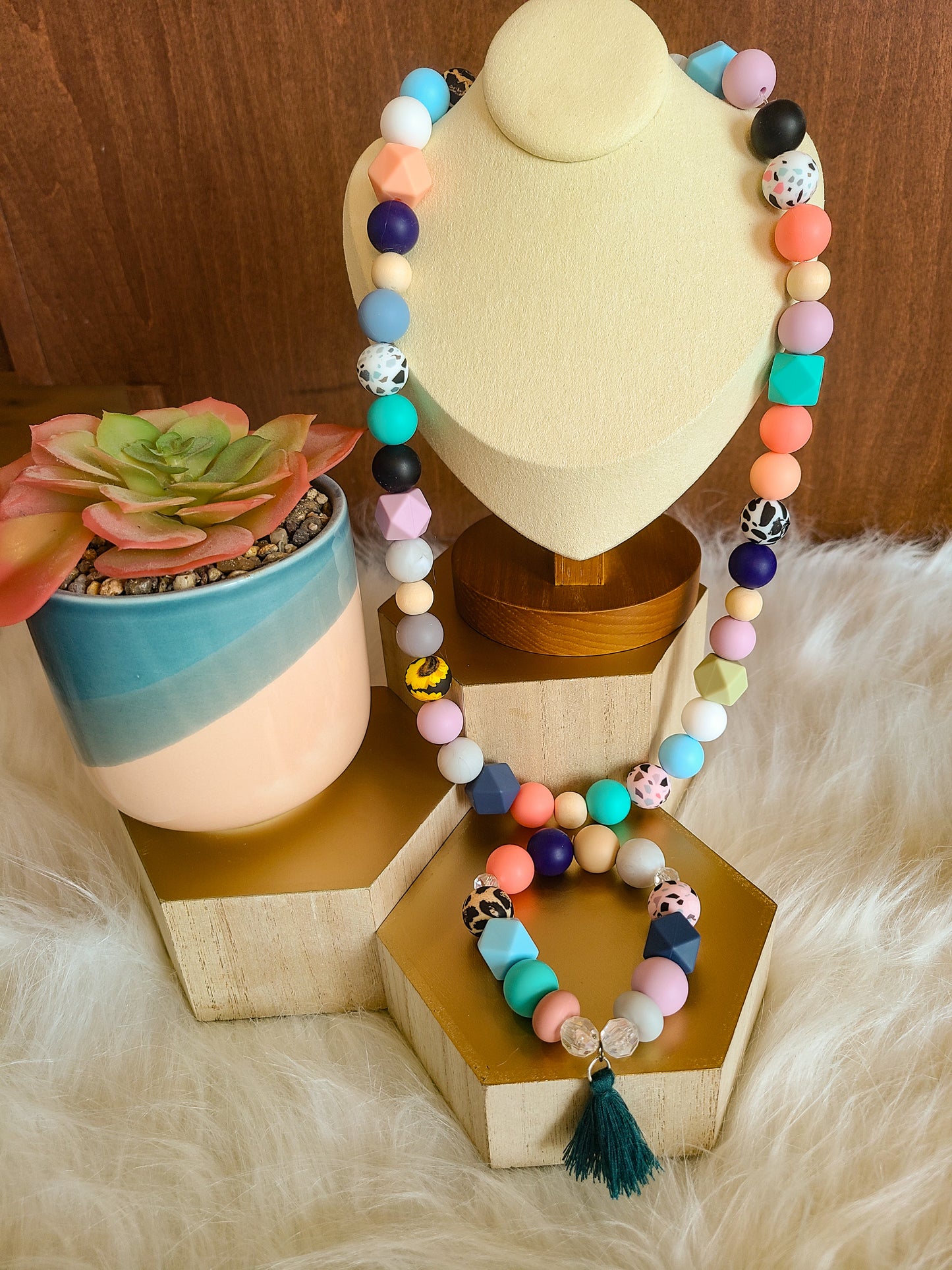 Animal Print Silicone Bead Tassel Bracelet and Necklace Set