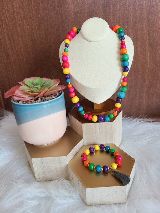 Rainbow Wood Bead Tassel Bracelet and Necklace Set