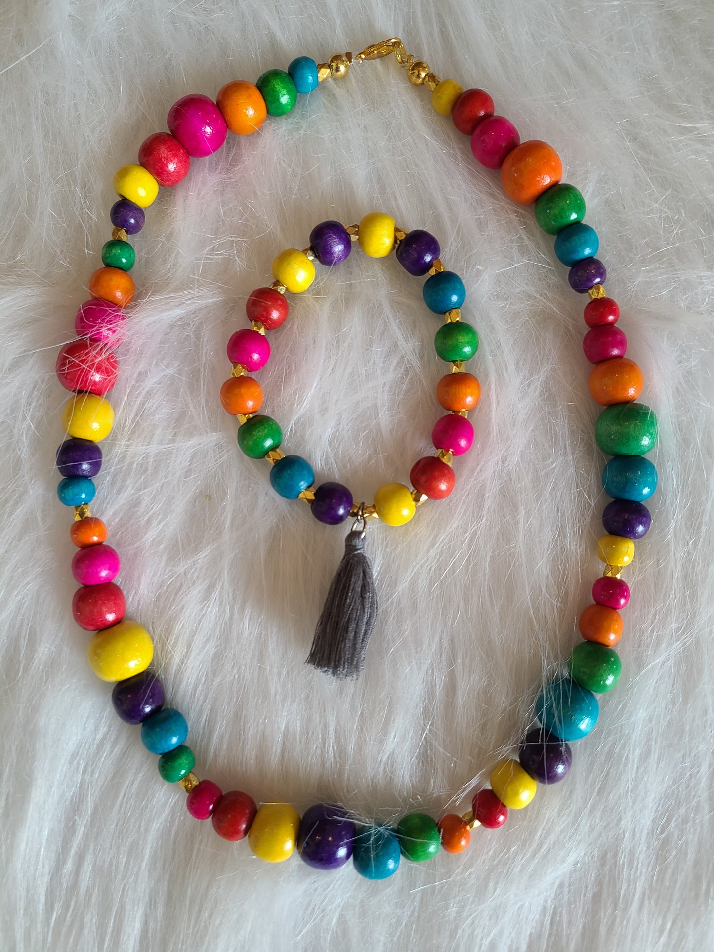 Rainbow Wood Bead Tassel Bracelet and Necklace Set