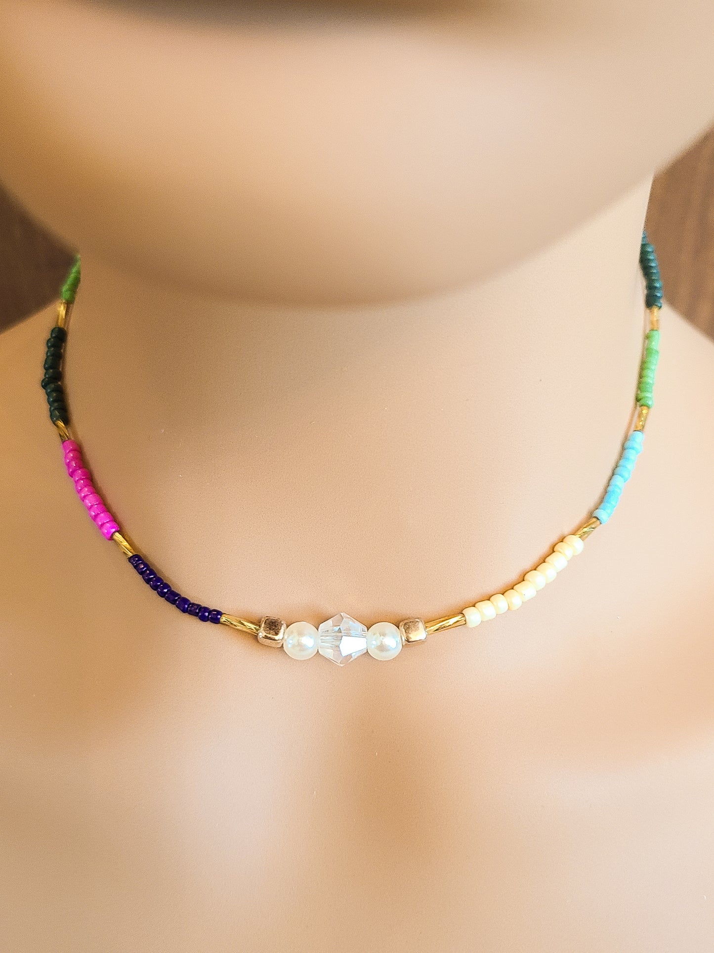 Colorful Seed Bead Crystal Choker Necklace