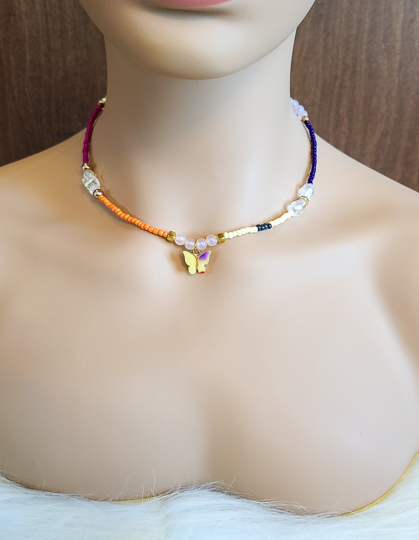 Seed Bead Butterfly Charm Choker Necklace