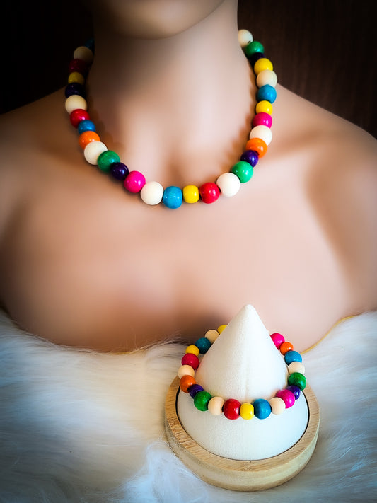 Raw Wood and Colorful Bead Bracelet and Necklace Set