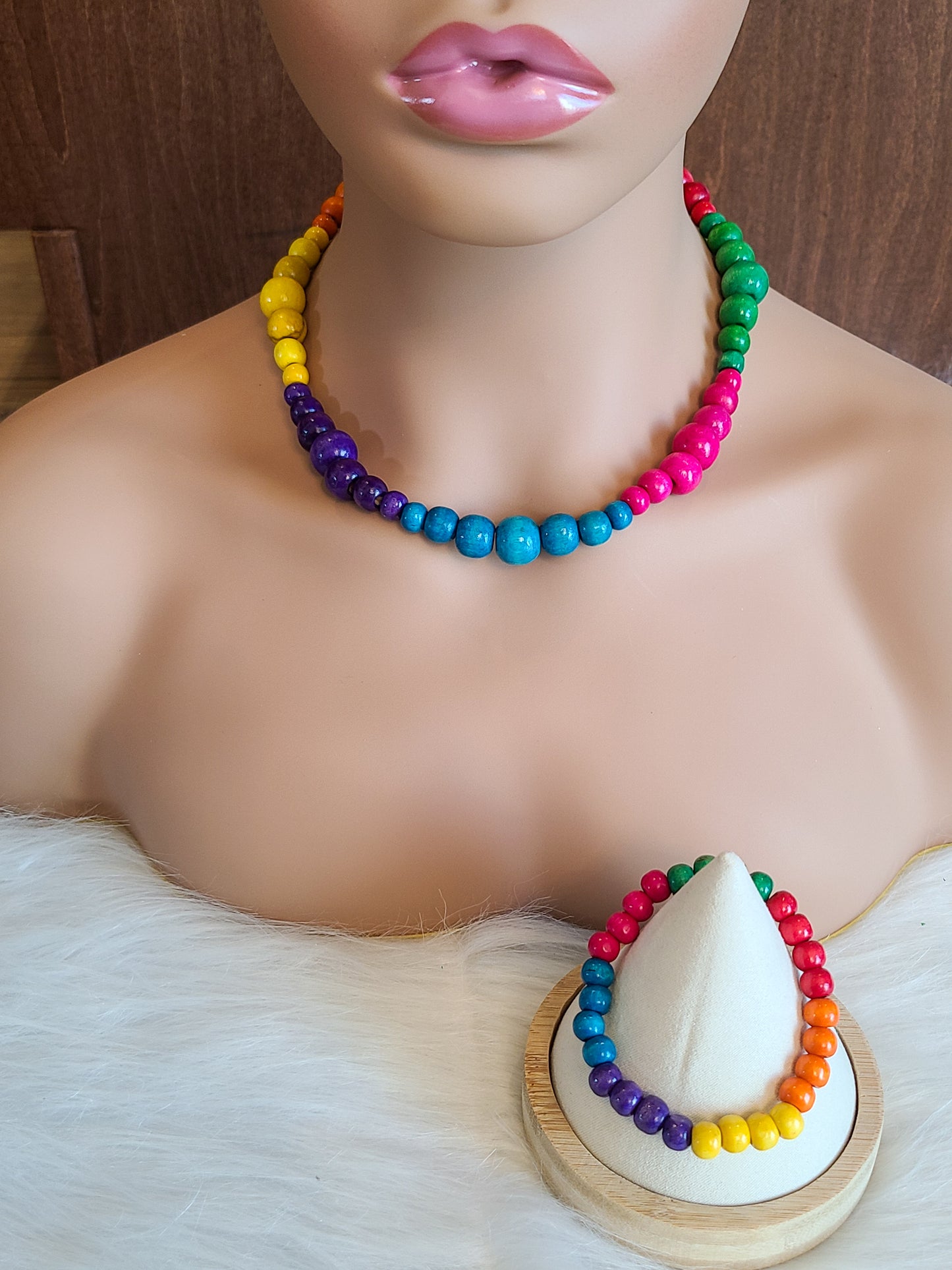 Rainbow Harmony Wood Bead Bracelet and Necklace Set