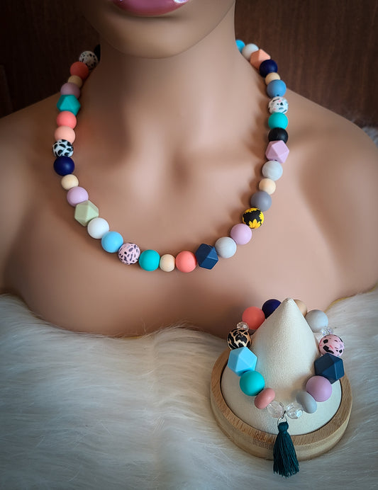 Animal Print Silicone Bead Tassel Bracelet and Necklace Set