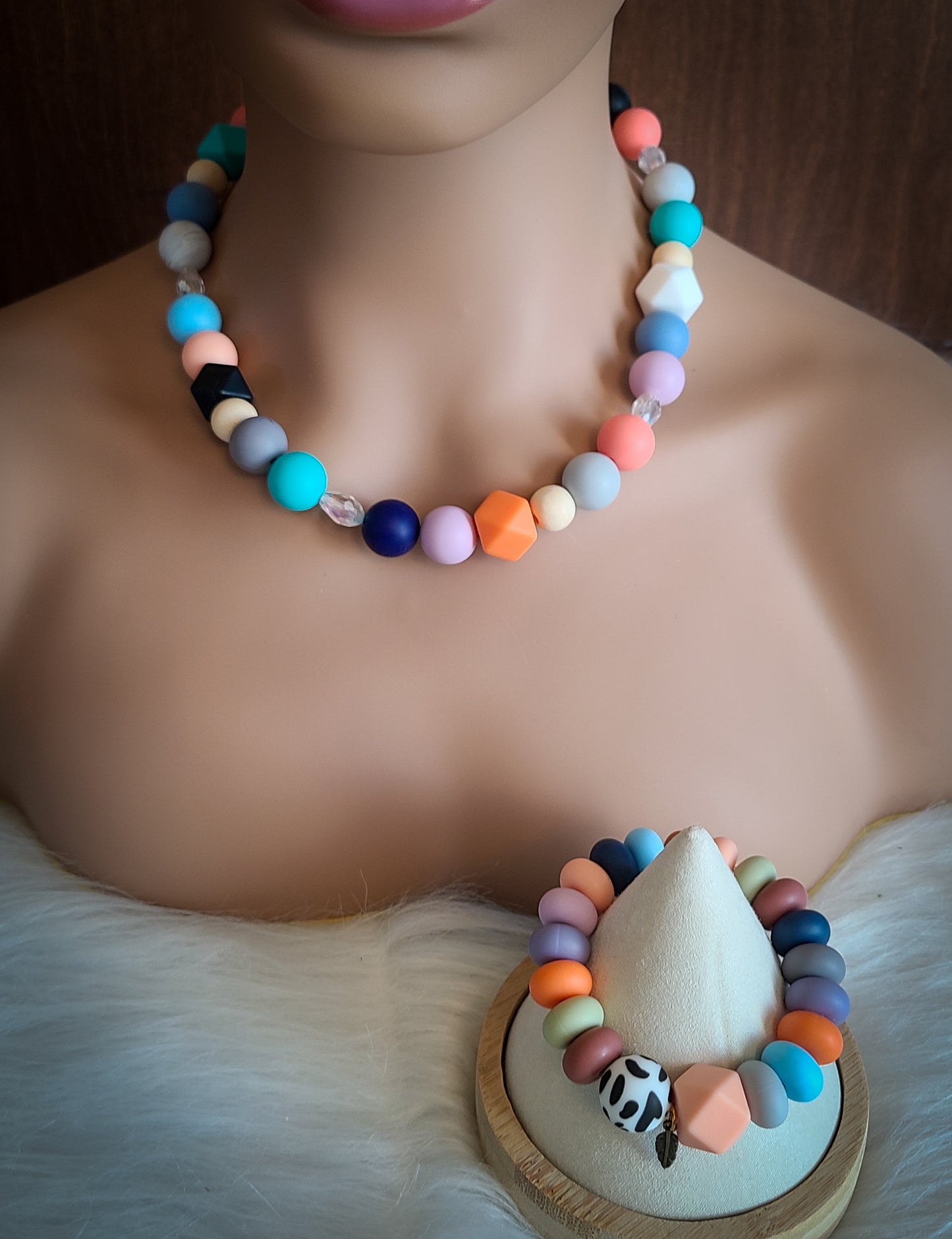 Mixed Media Multicolor Silicone Bead Bracelet and Necklace Set