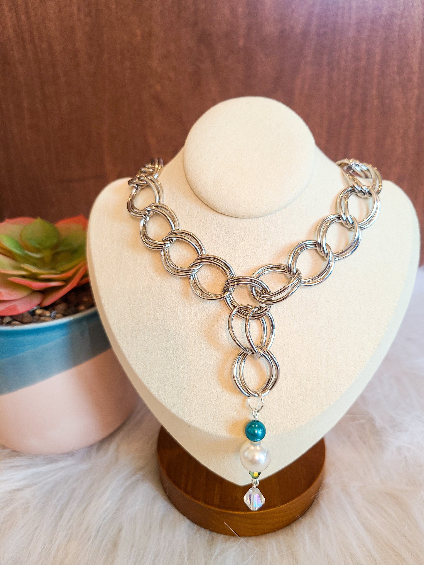Chunky Double Strand Silver Lariat Necklace