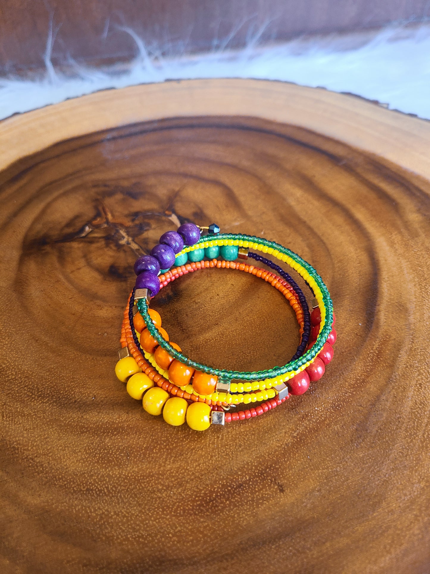 Layered Wood and Seed Bead Memory Wire Bracelet