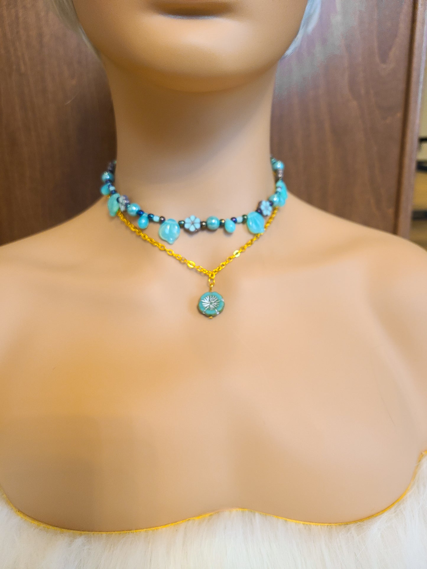 Blue Floral Seed Bead Choker Necklace Set
