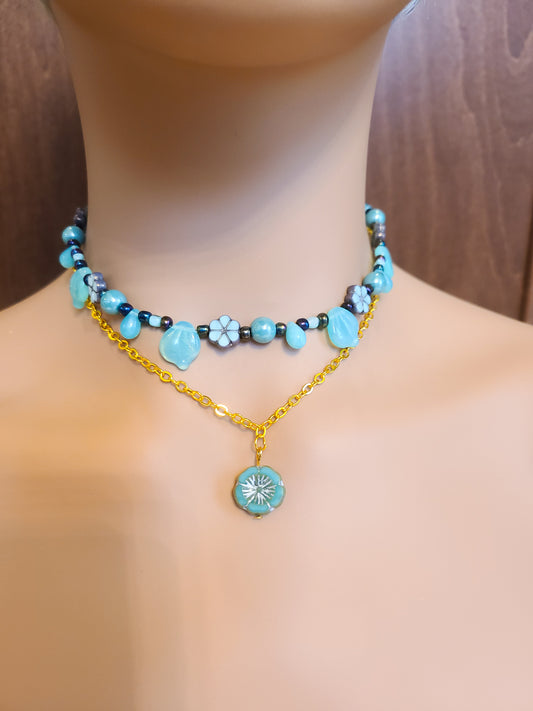 Blue Floral Seed Bead Choker Necklace Set