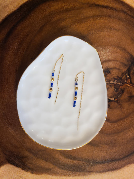 Blue Beaded Gold Bar Threader Earrings