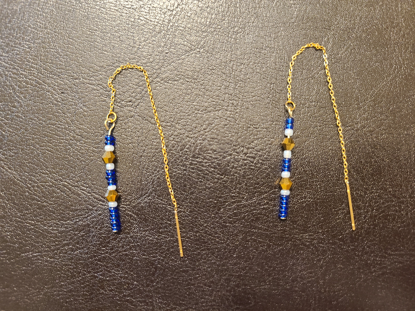 Blue Beaded Gold Bar Threader Earrings