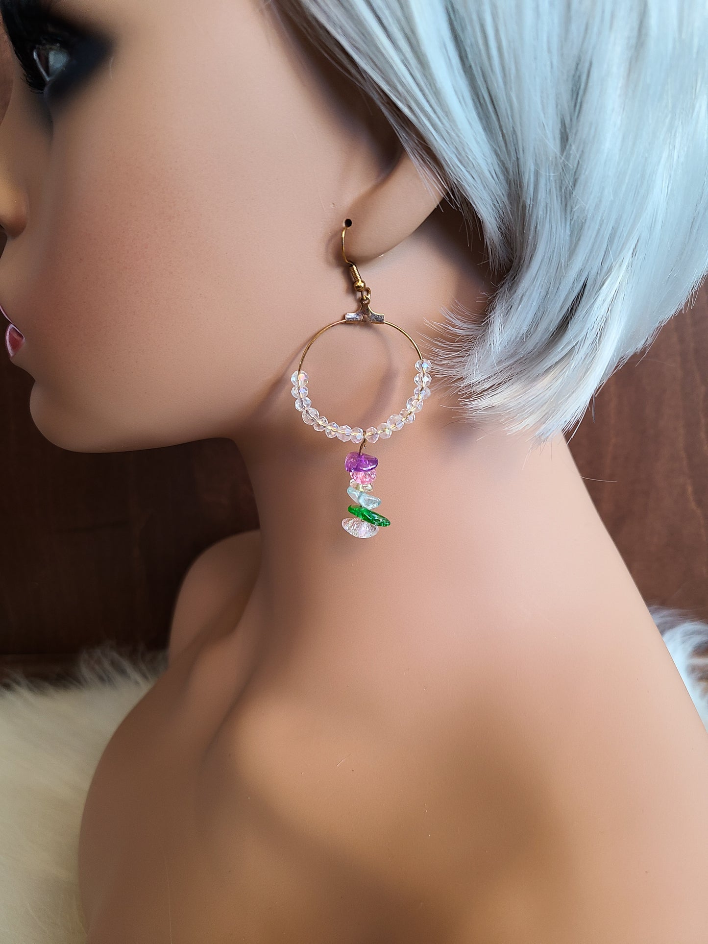 Natural Stone Rainbow Crystal Hoop Earrings