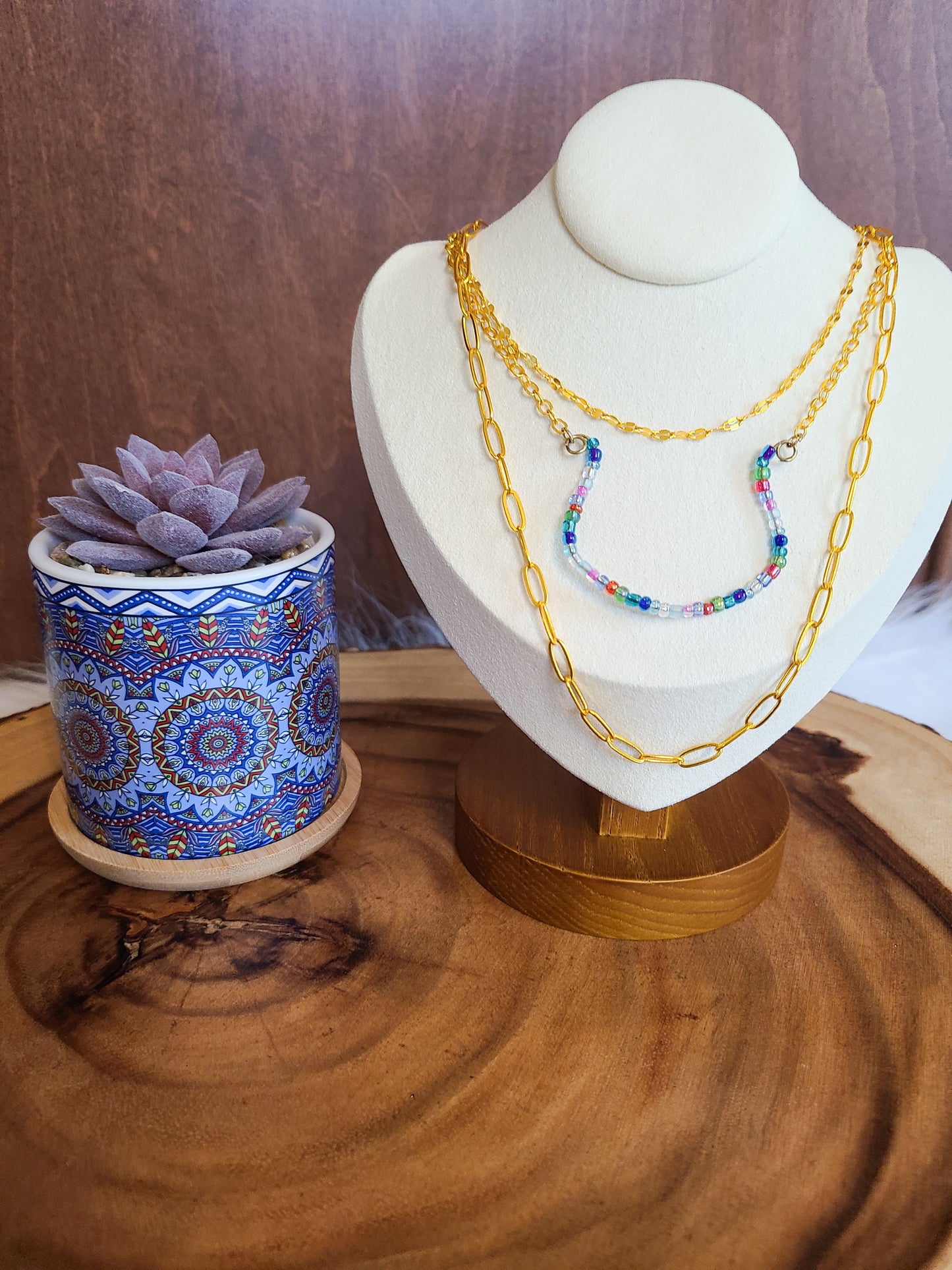 Layered Arched Multicolor Seed Bead Gold Necklace Set