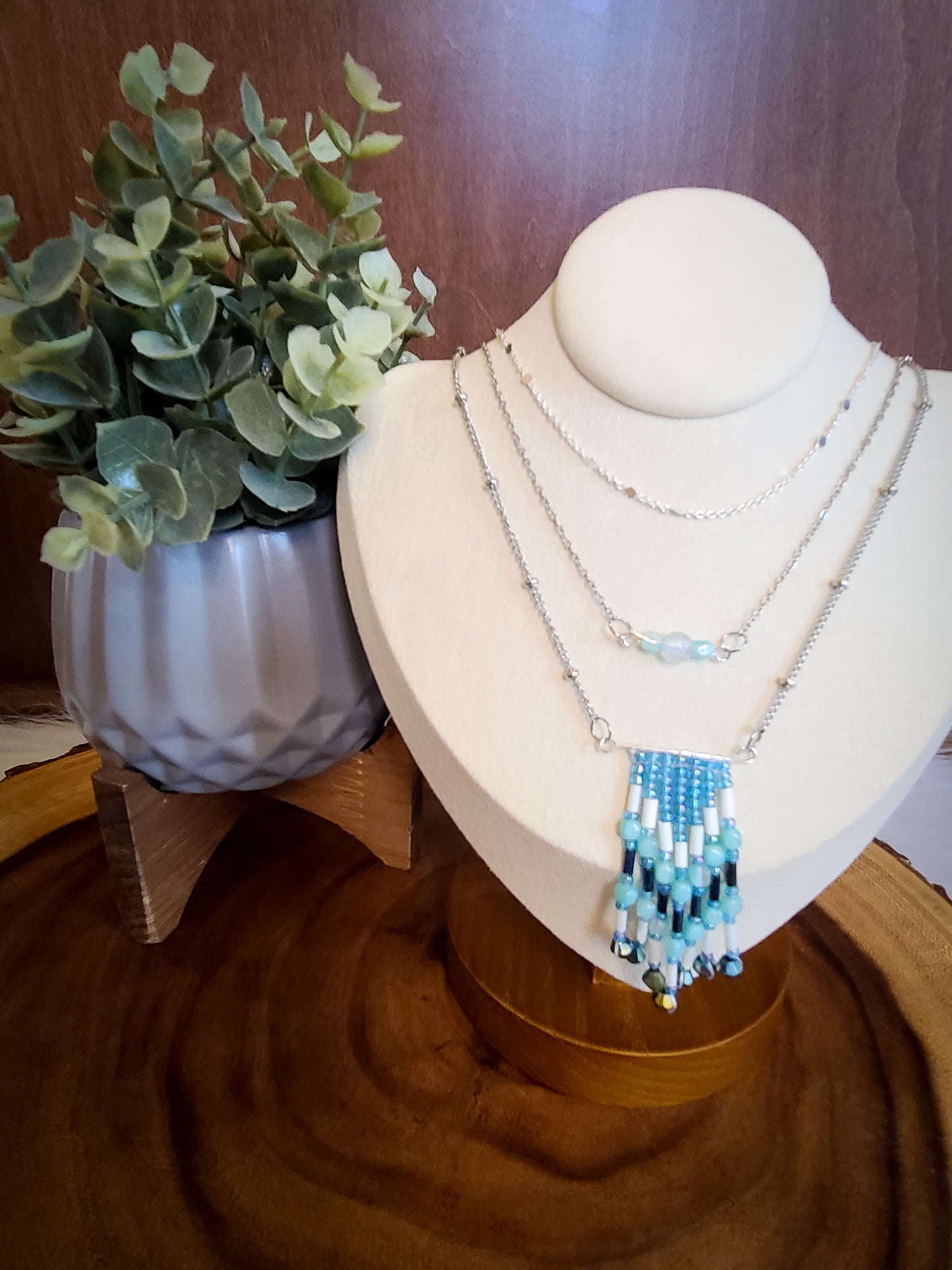 Blue Beaded Fringed Silver Layered Necklace Set