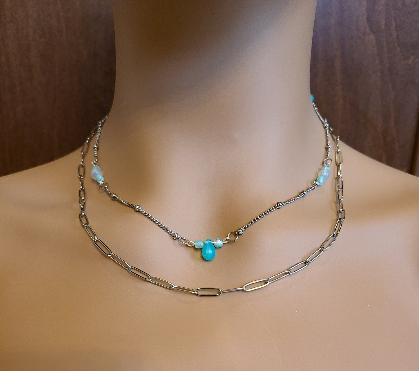 Blue Floating Bead Silver Necklace Set