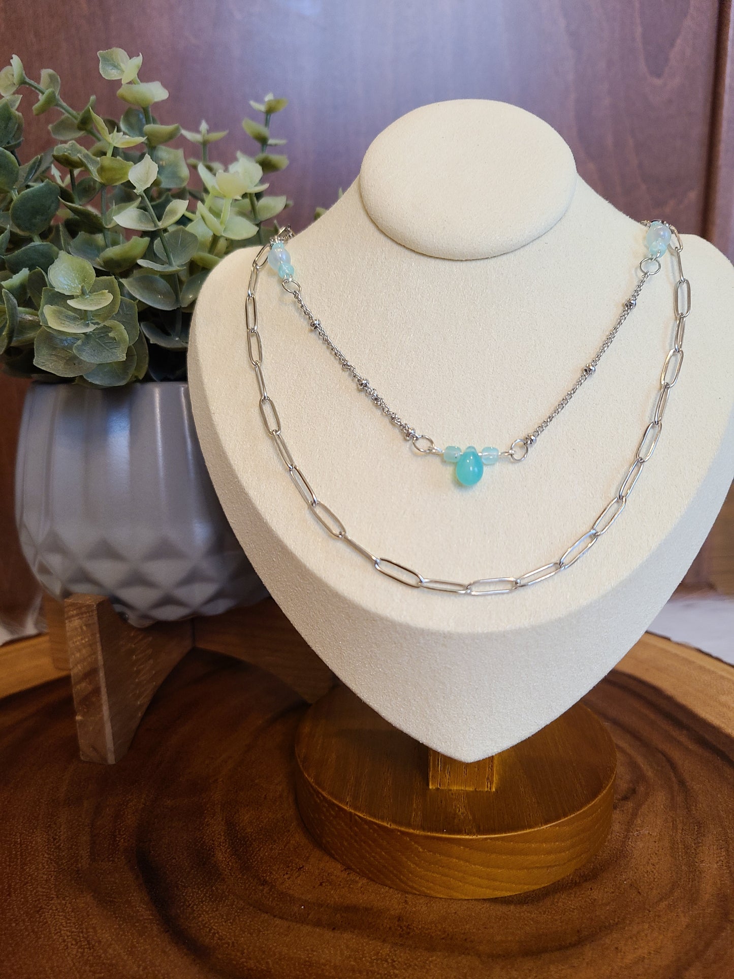 Blue Floating Bead Silver Necklace Set