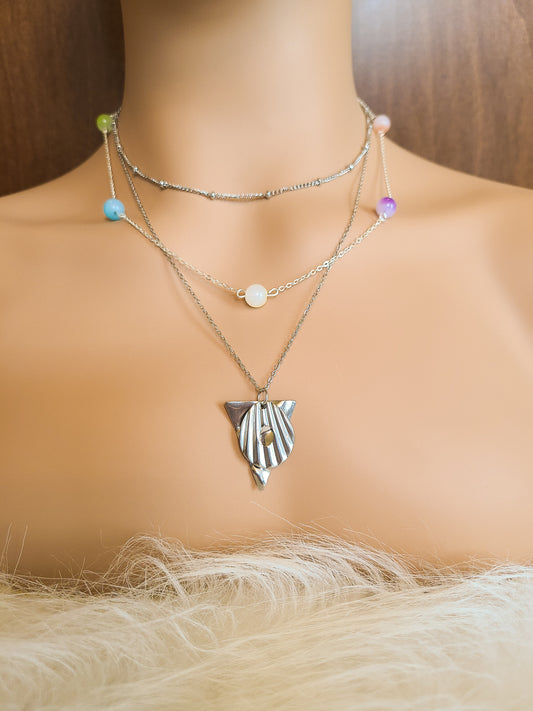 Beaded Rainbow Silver Pendant Necklace Set