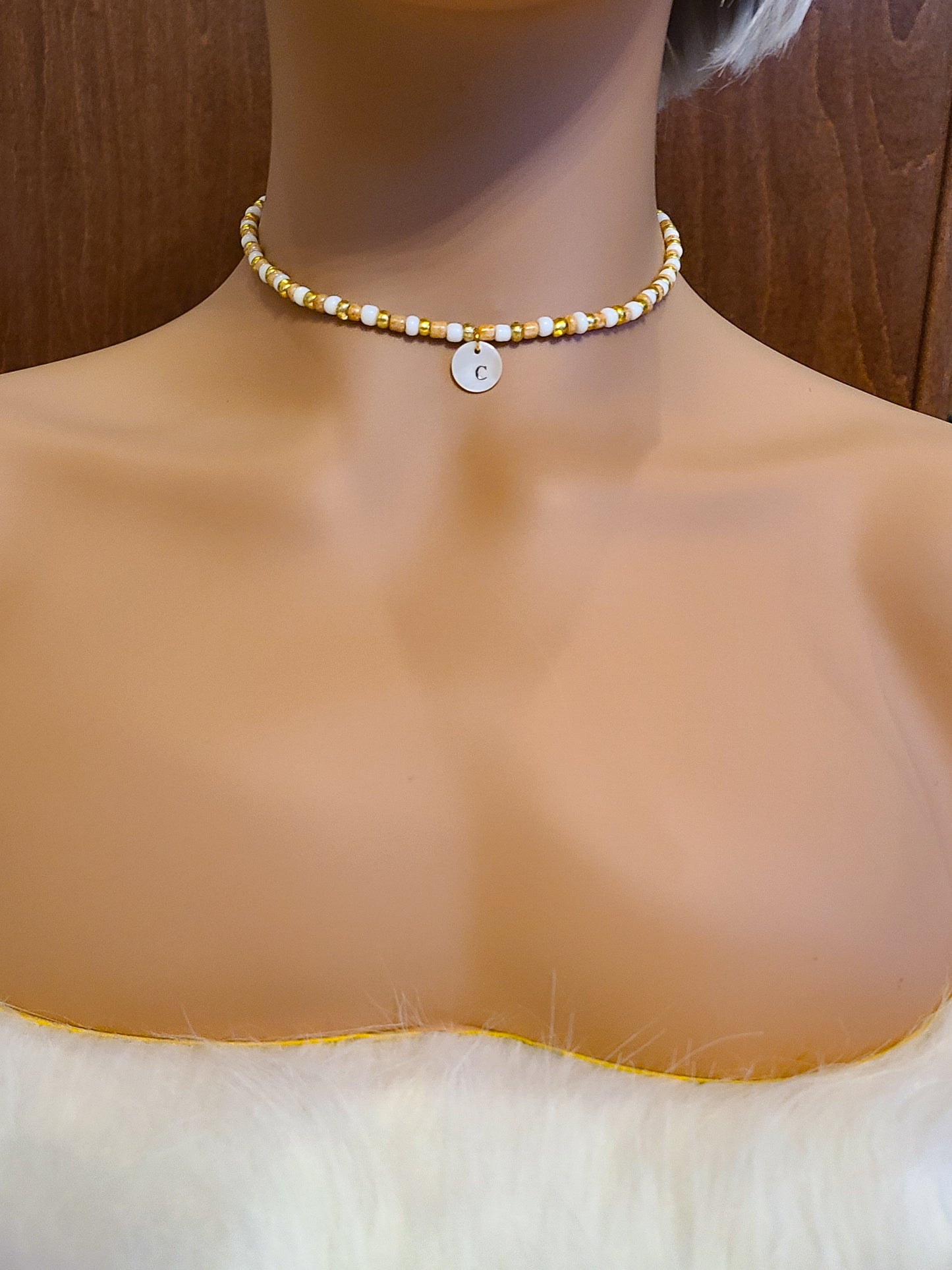 Custom Personalized Gold Initial Seed Bead Choker Necklace