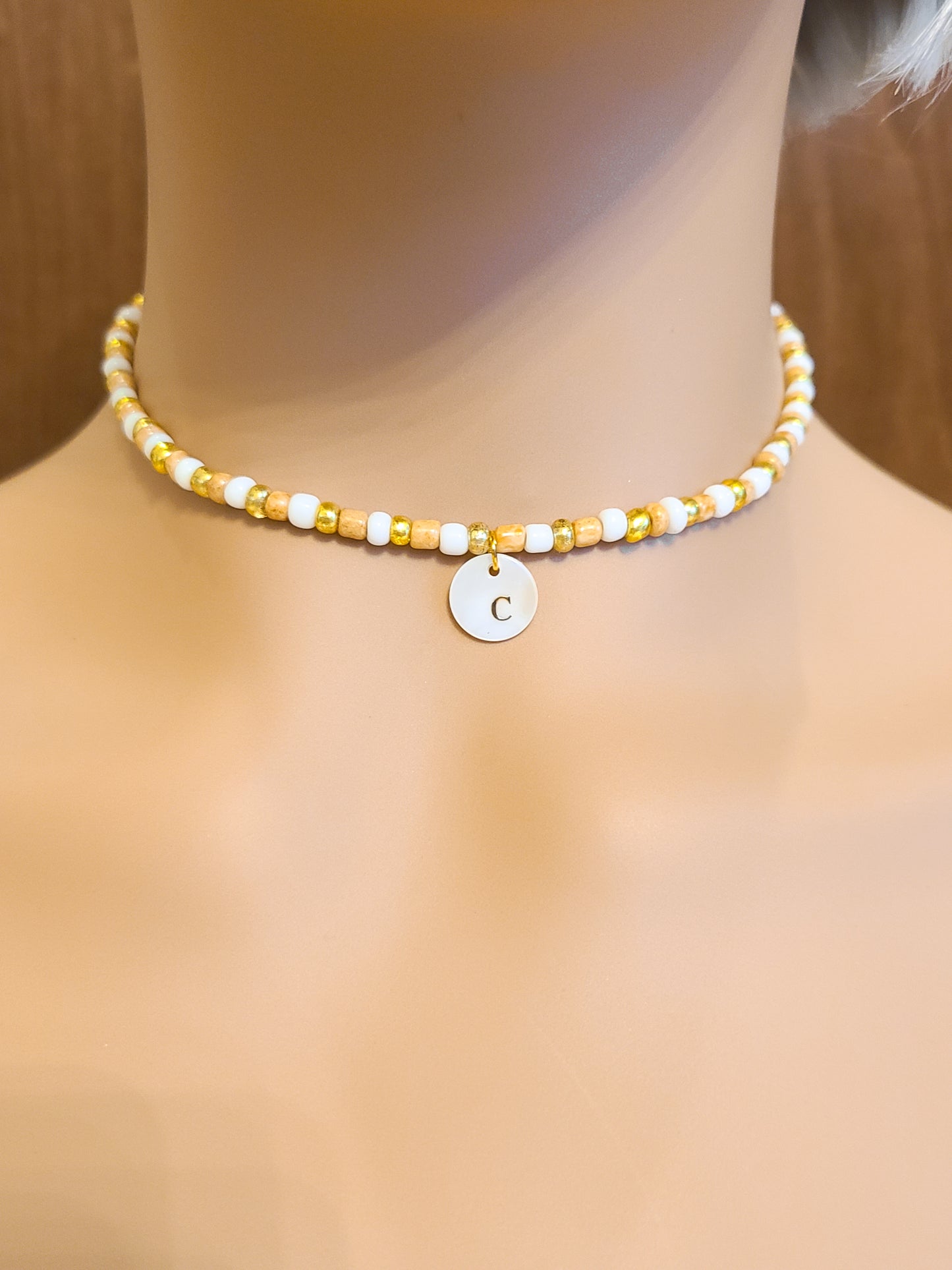 Custom Personalized Gold Initial Seed Bead Choker Necklace